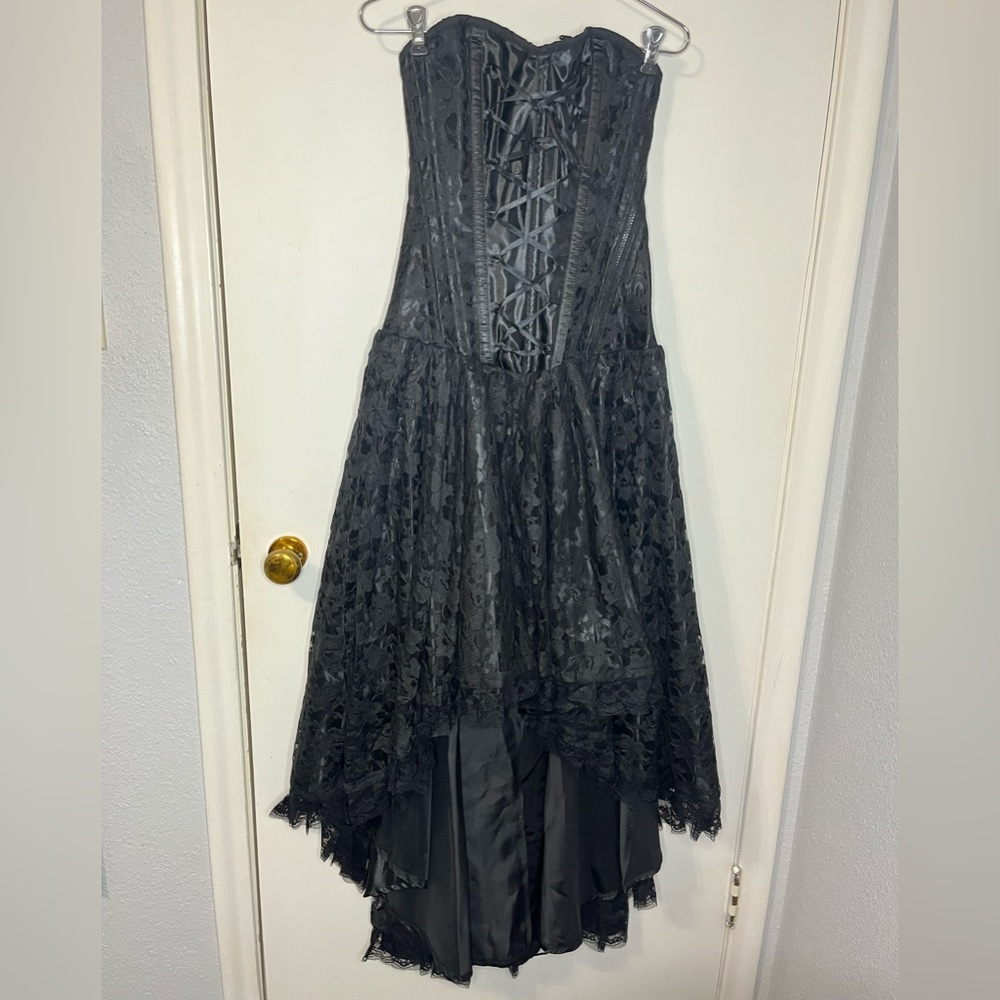 Victorian Gothic Corset Dress in Black Satin, size: 2-4